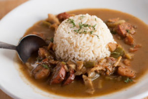bowl of seafood gumbo with rice